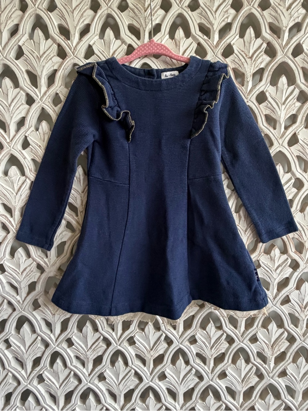 Le Top Girls 2T Navy Ruffle Long Sleeve Dress Distressed Lace Hem